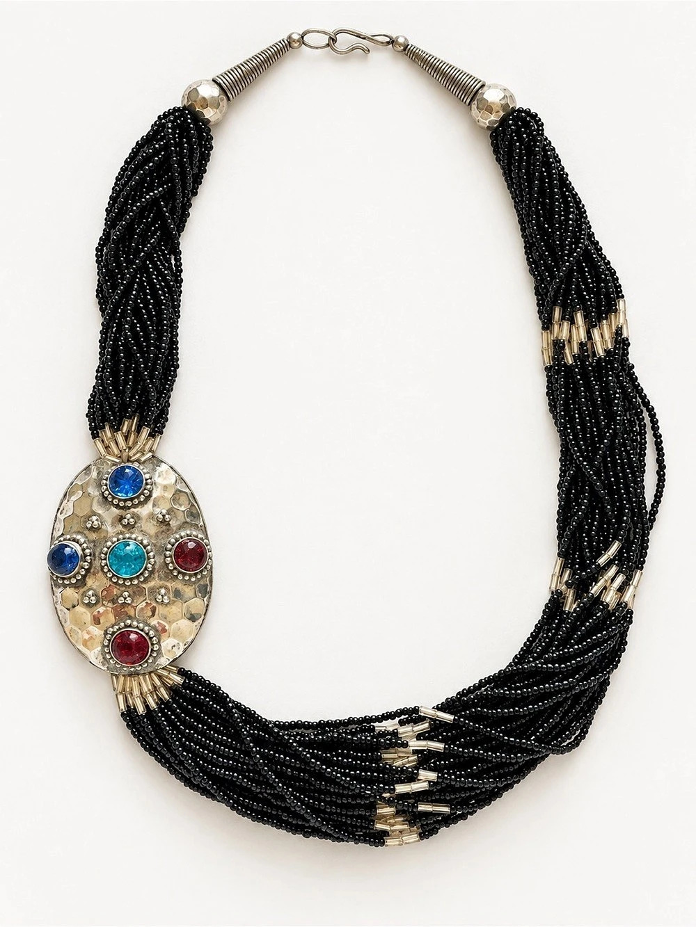Multistrand Black Beaded Statement Necklace with Colorful Pendant-Vintage Style